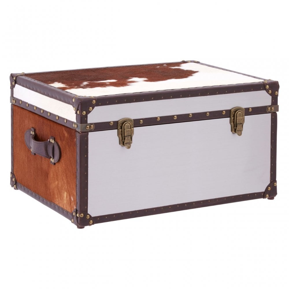 Brown / White Genuine Cowhide Storage Trunk, Cowhide, Stainless Steel, Brown