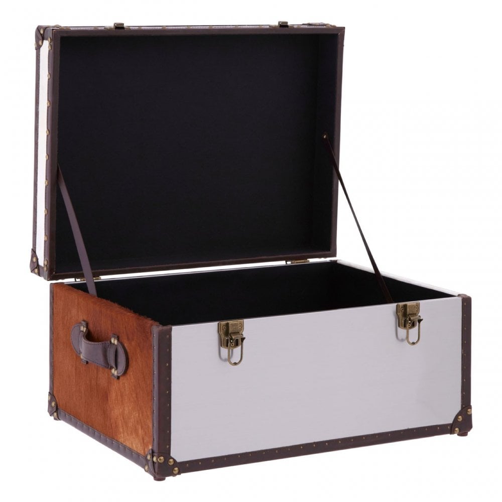 Brown / White Genuine Cowhide Storage Trunk, Cowhide, Stainless Steel, Brown