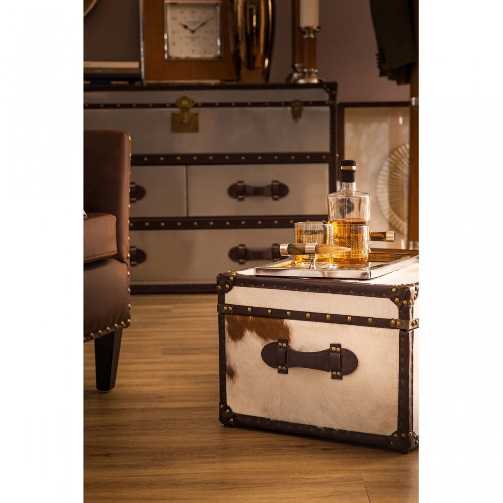 Brown / White Genuine Cowhide Storage Trunk, Cowhide, Stainless Steel, Brown
