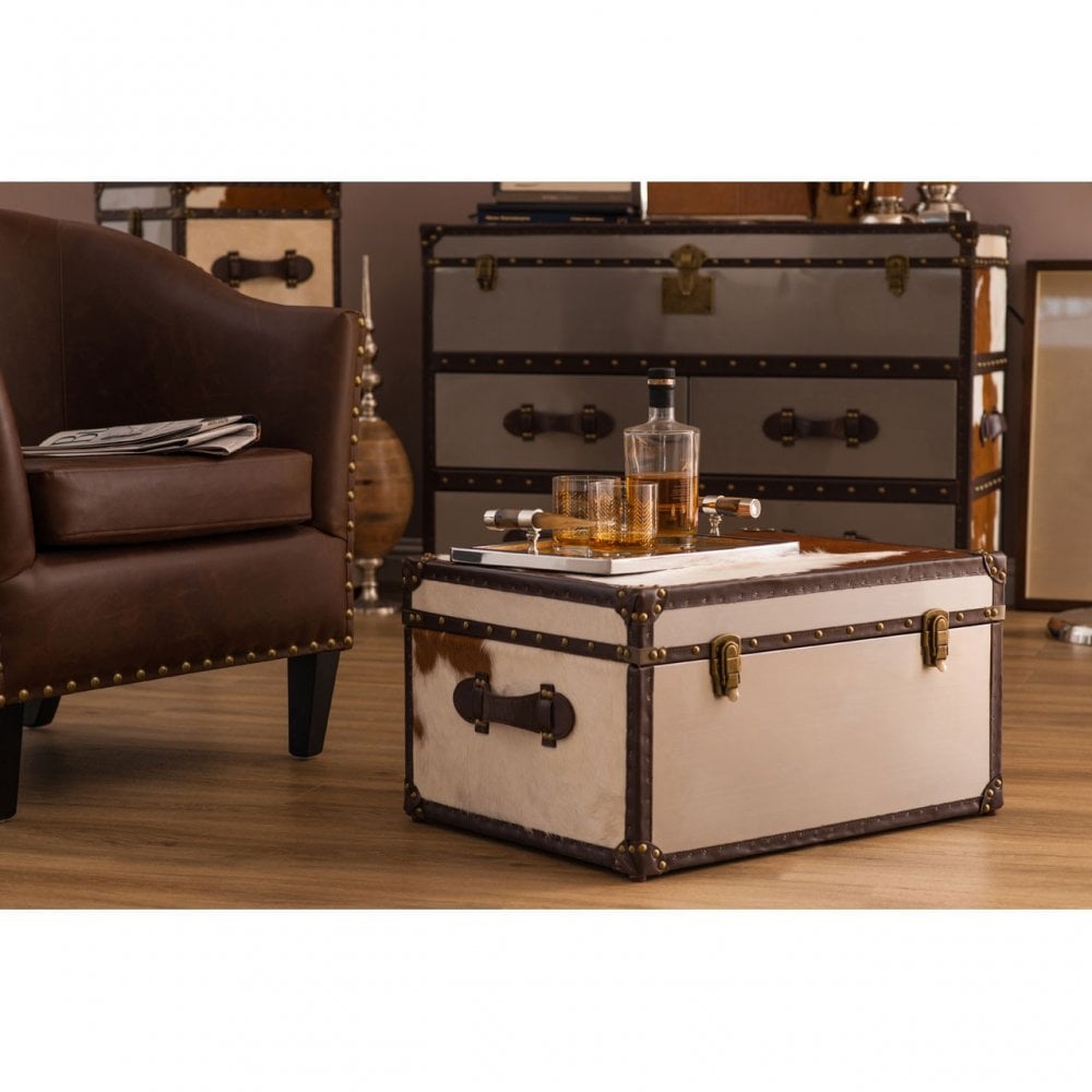Brown / White Genuine Cowhide Storage Trunk, Cowhide, Stainless Steel, Brown