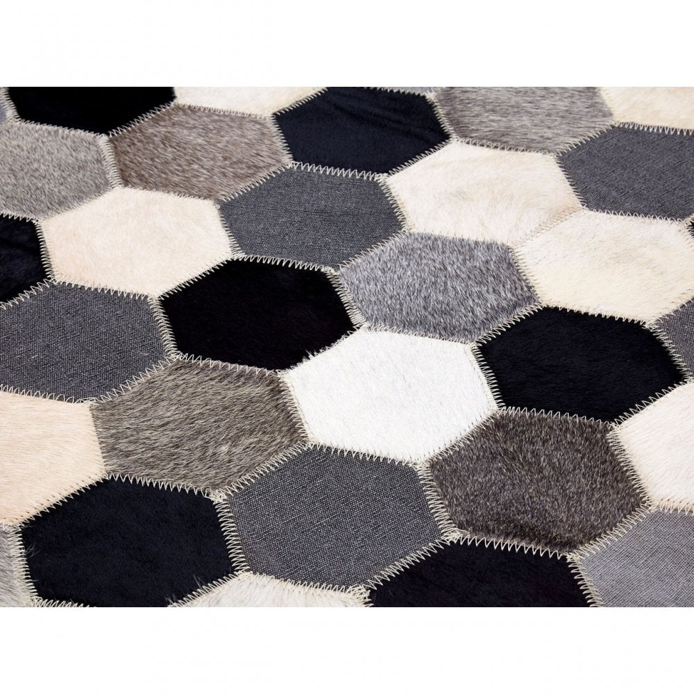 Safira Small Black / White / Grey Patchwork Rug, Genuine Leather, Wool, Black