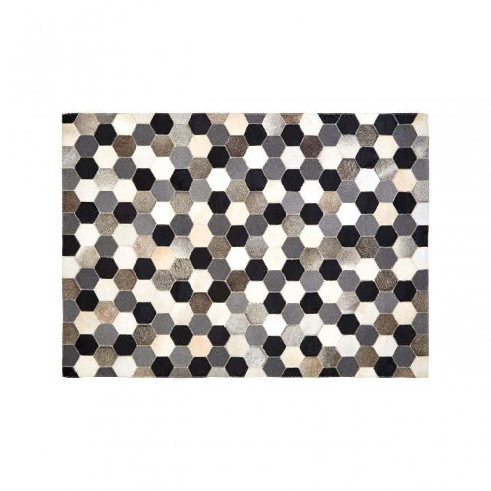 Safira Small Black / White / Grey Patchwork Rug, Genuine Leather, Wool, Black