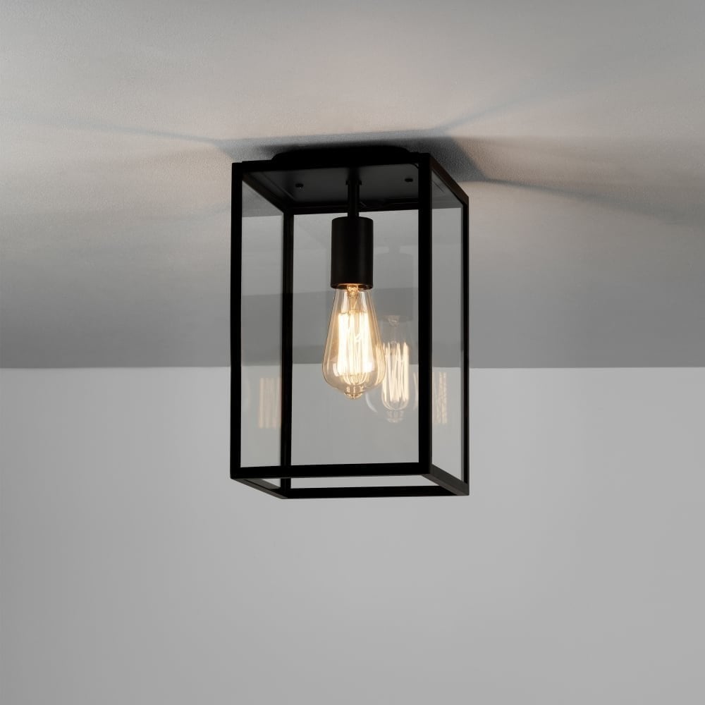 Sleek Black Outdoor Ceiling Lantern with Clear Glass Panels