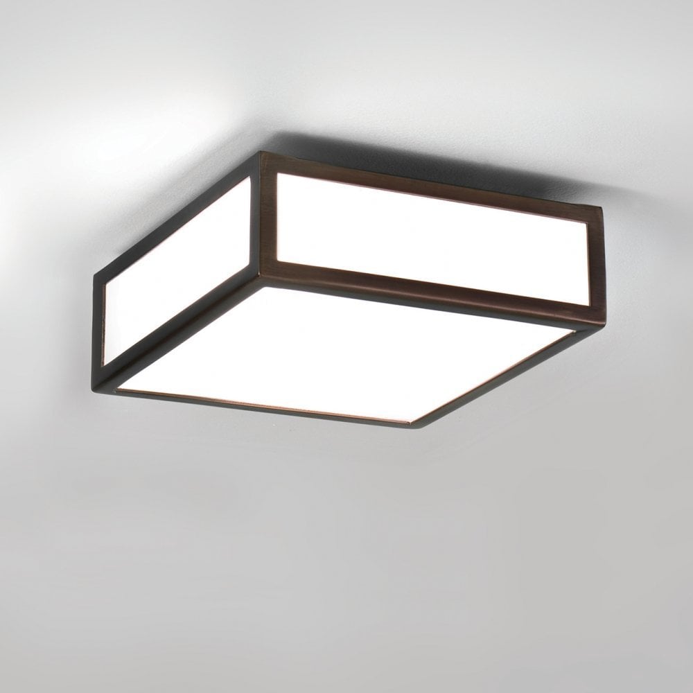 Contemporary Bronze Flush Mount Bathroom Light with Square White Glass Diffuser