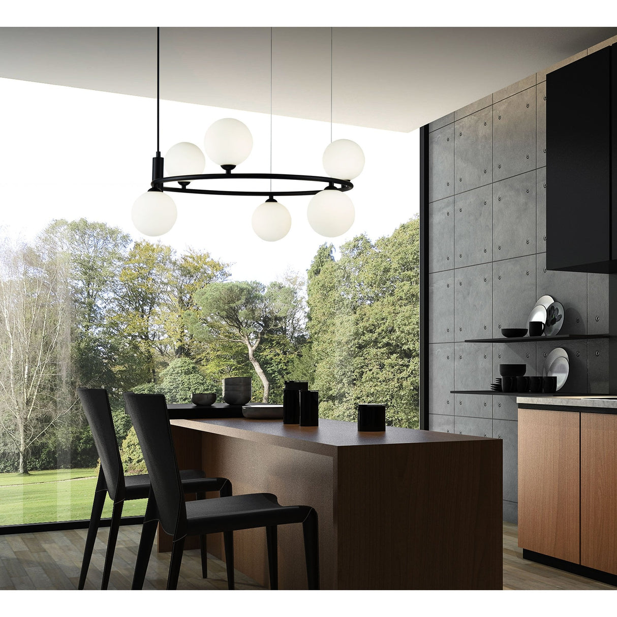Sleek Black Metal Pendant Lamp with Glass Shades - 6 x 25W G9 Bulbs