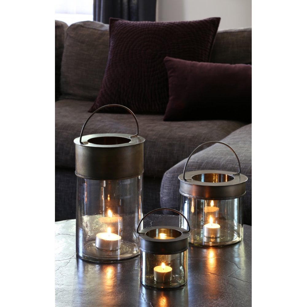 Cambas 11cm Round Glass Hurricane in Smoke and Antique Brass