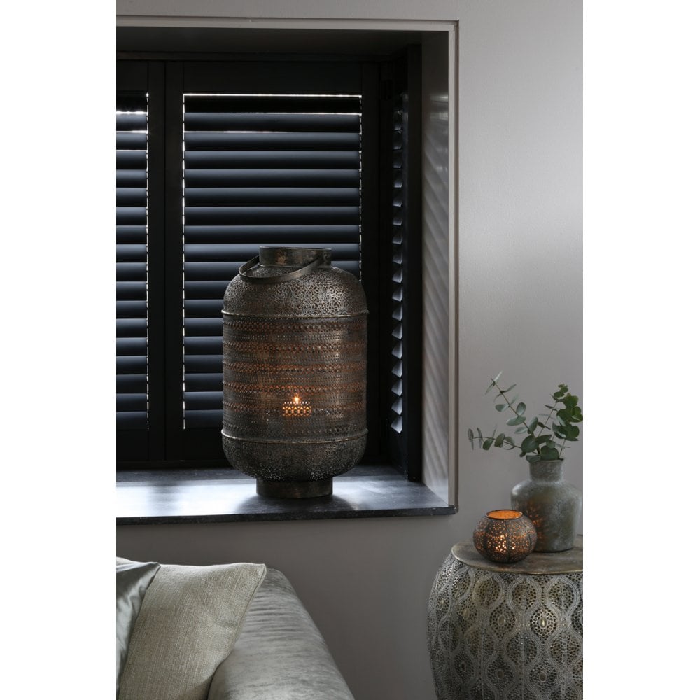 Kadapa Brown and Gold Hurricane Lantern with Glass - 37.5x62cm