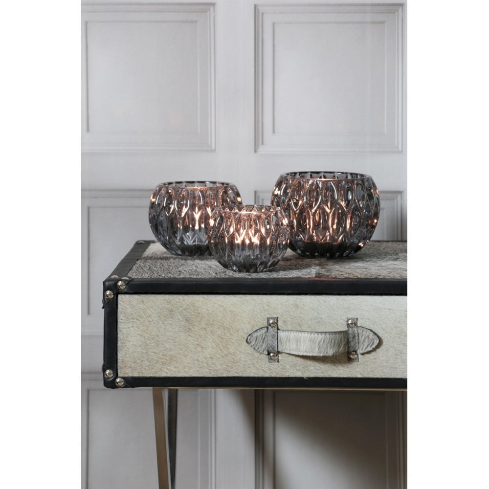 Metallic Smoke Glass Tealight Holder - Royon 14.5x11.5 cm
