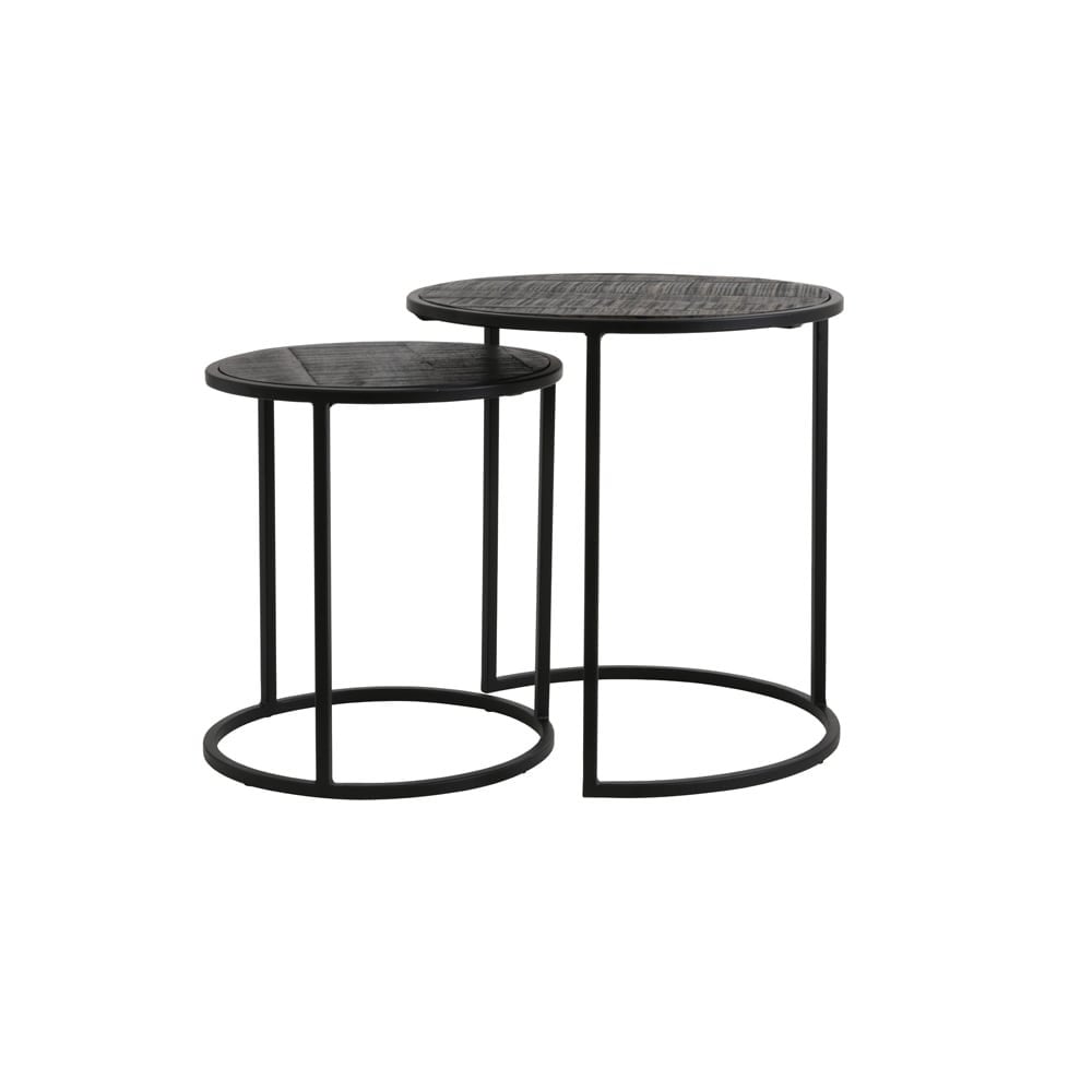 Antique-Matte Black Doba Wood Side Table Duo - Round 40x45cm & 50x52cm