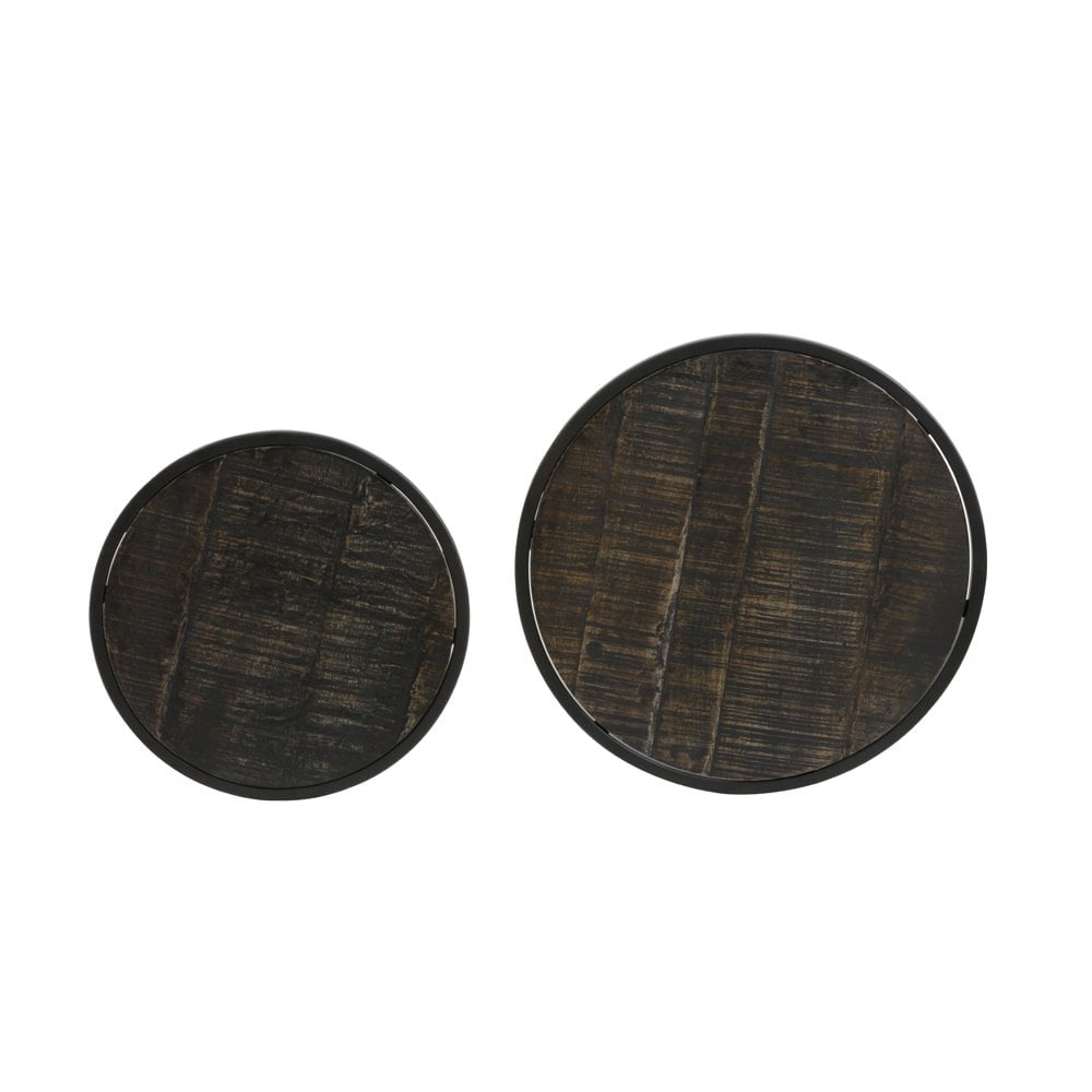 Antique-Matte Black Doba Wood Side Table Duo - Round 40x45cm & 50x52cm