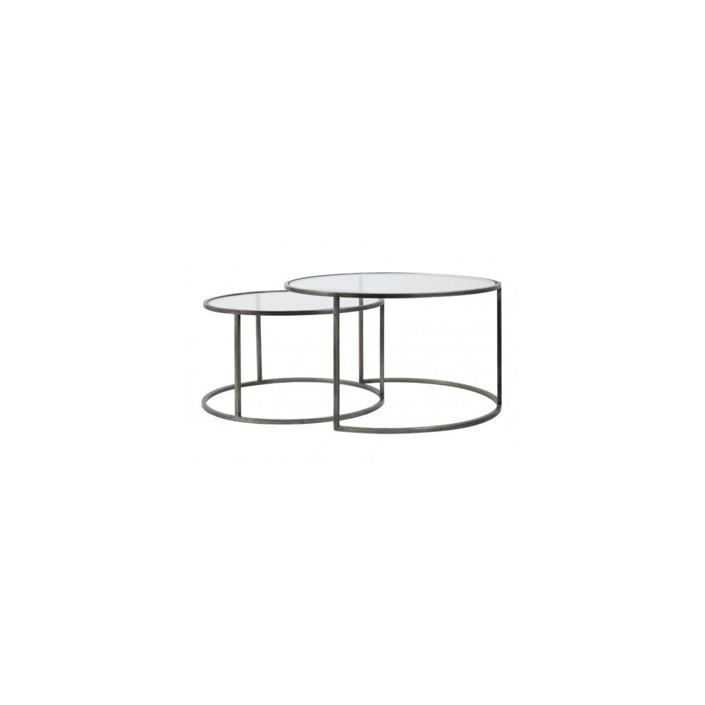 Dual Round Coffee Table Set with Glass Tops and Vintage Tin Finish