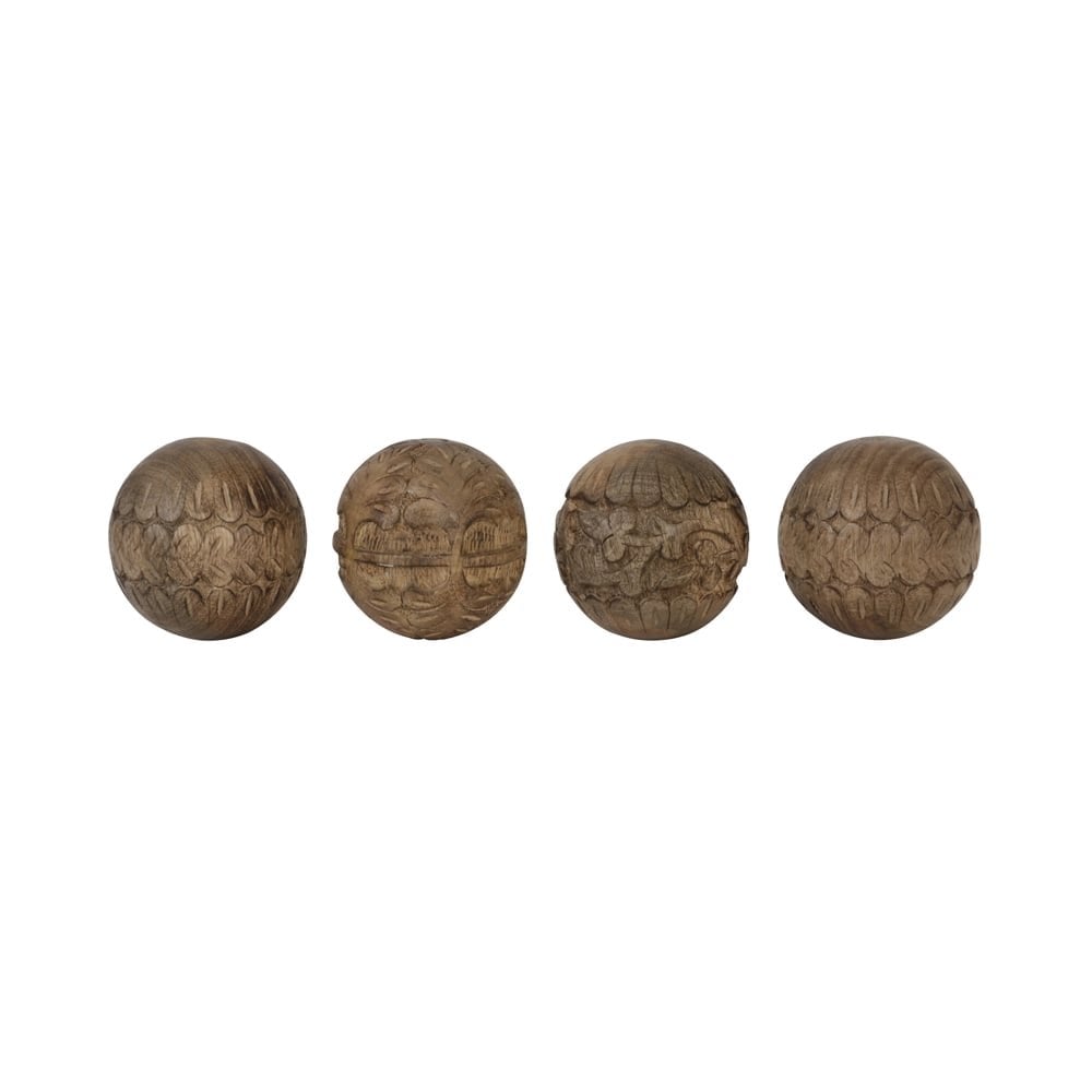 Hand-Carved Wood Burned Ornament Balls - Set of 4 (10 cm)