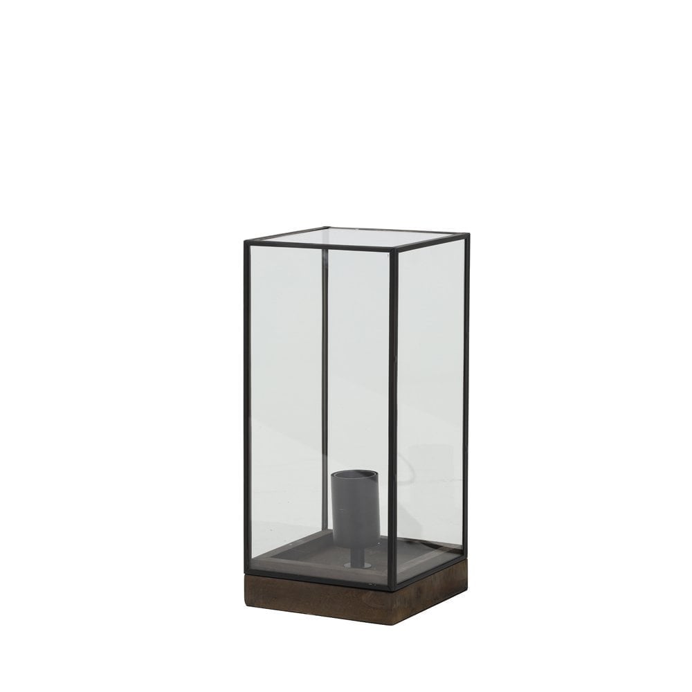 Elegant Square Askjer Table Lamp - Black and Brown Wood with Glass Accent