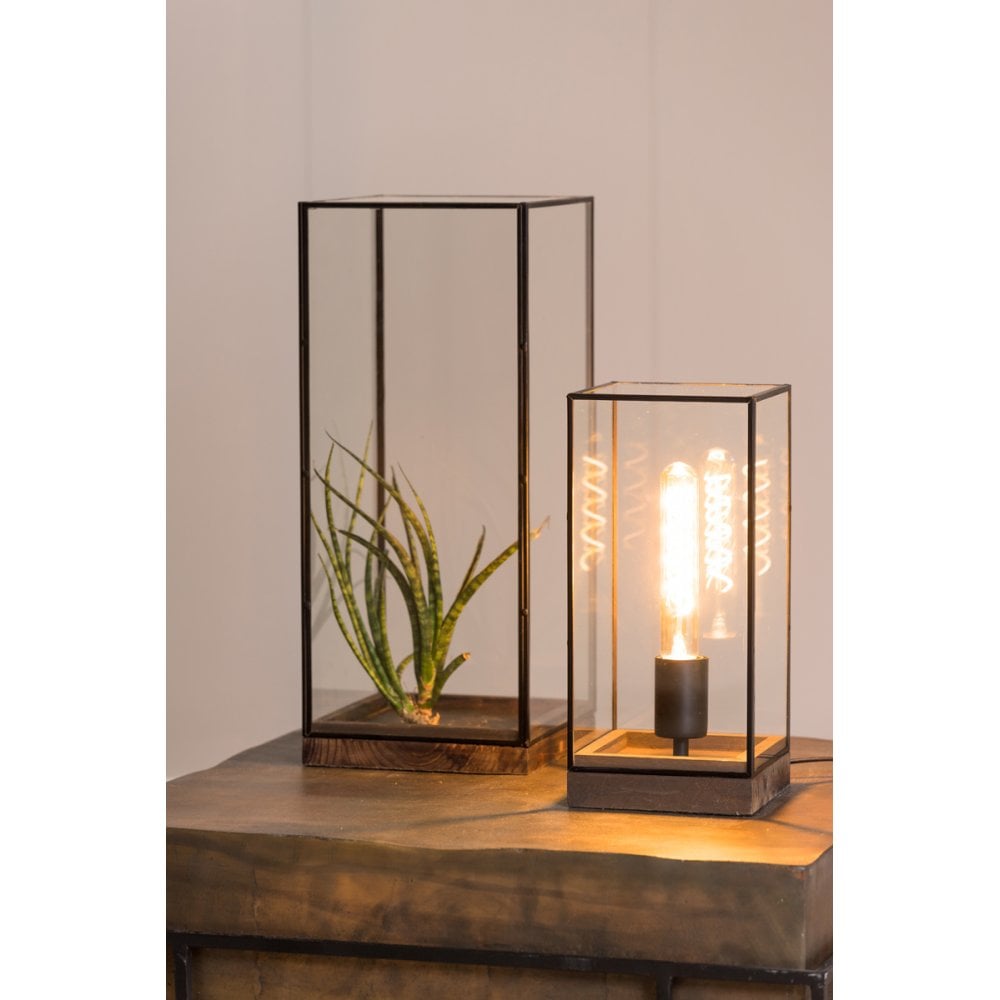Elegant Square Askjer Table Lamp - Black and Brown Wood with Glass Accent