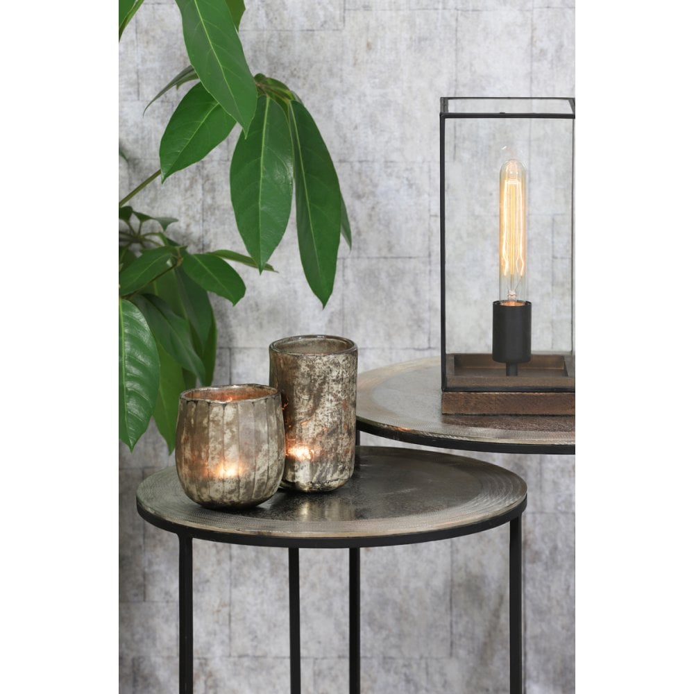 Elegant Square Askjer Table Lamp - Black and Brown Wood with Glass Accent