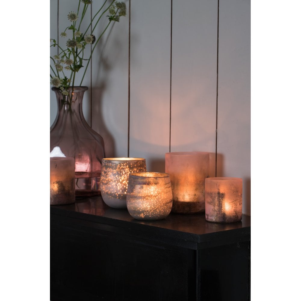 Elegant Pink and Black Glass Tealight Holder - 8x9cm