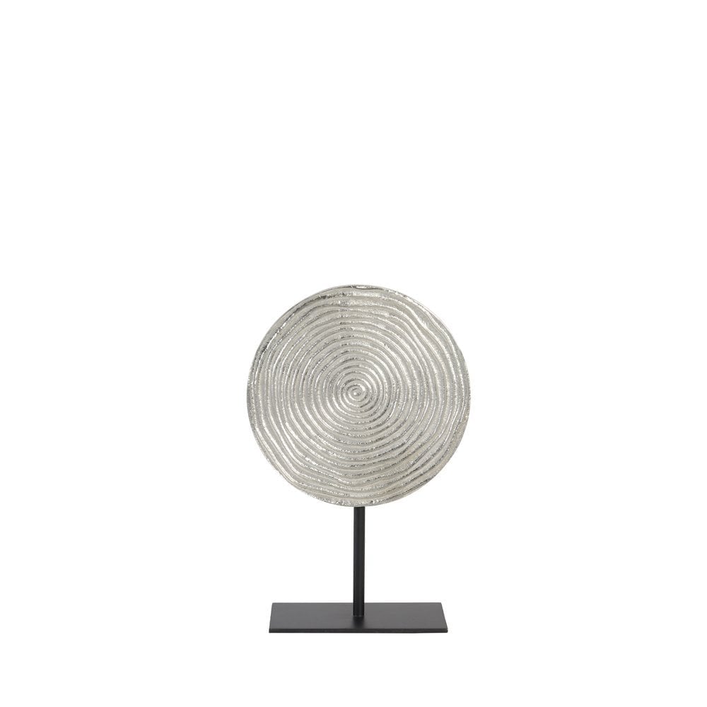 Contemporary Circular Metal Sculpture - Silver Finish on Black Base, 25x38cm
