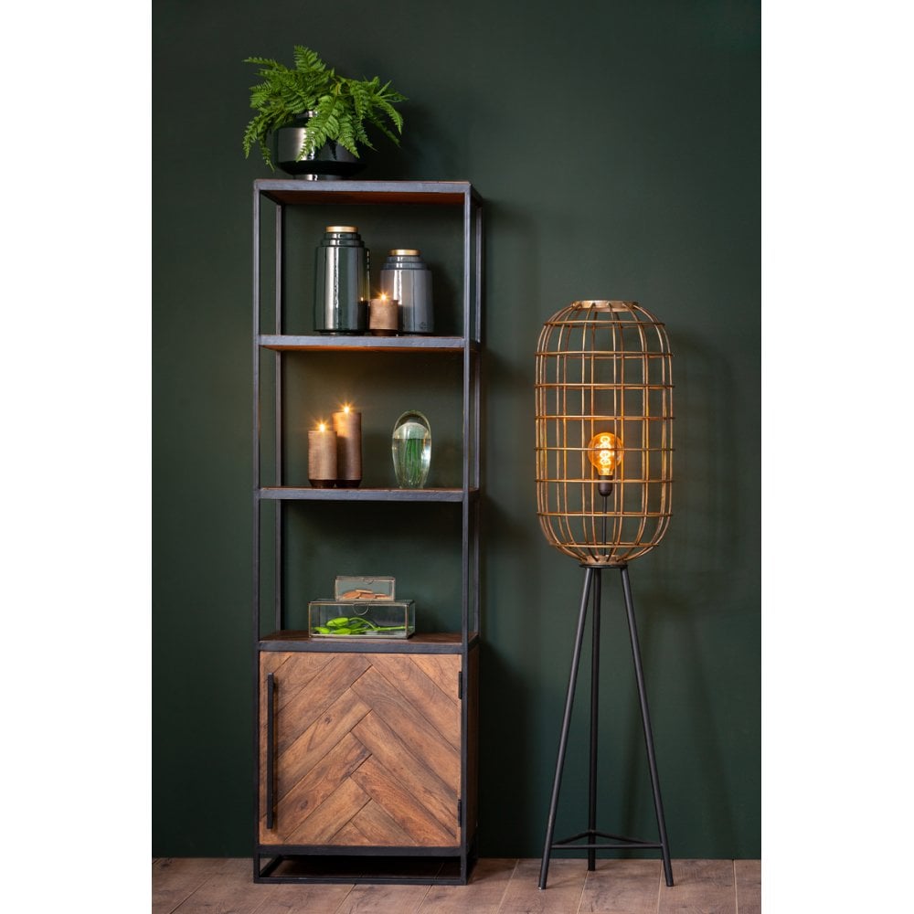 Chisa Wooden Metal Cabinet with Open Shelving - Brown/Black 55x40x180cm