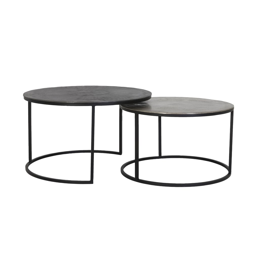 Round Nesting Coffee Table Duo in Raw Lead and Antique Finish