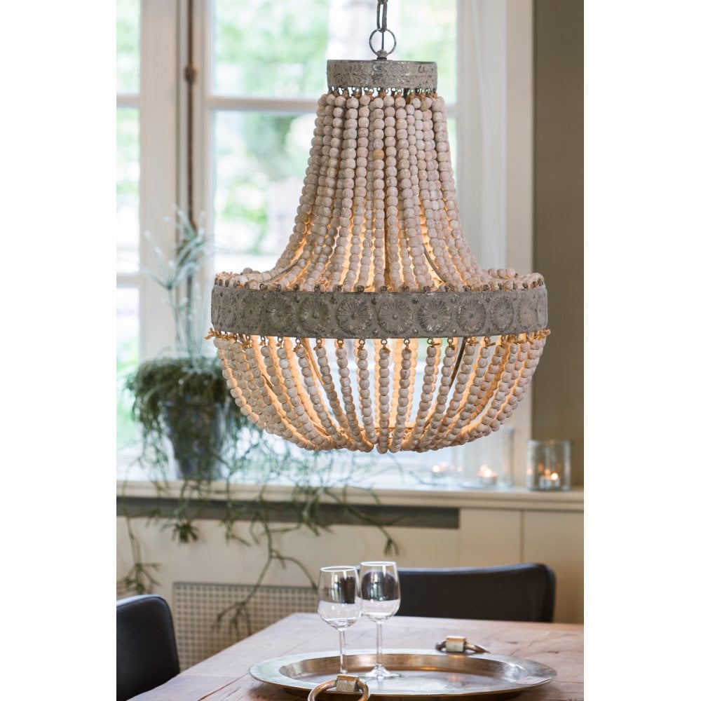 Rustic Luna Pendant Lamp with Beaded Design in Antique White - D52x61.5cm