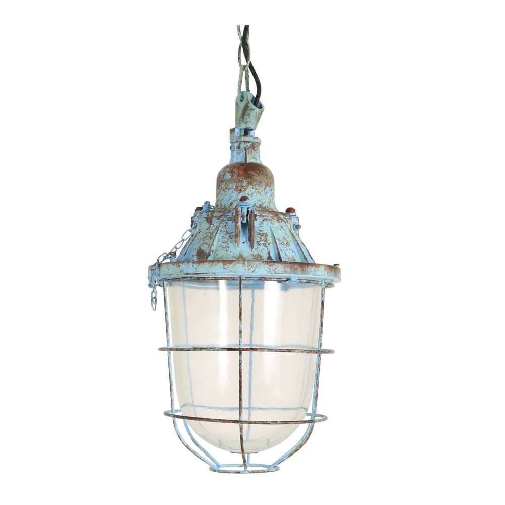 Retro Blue Quarry Pendant Lamp with Iron Cage Design - D21.5xH35cm