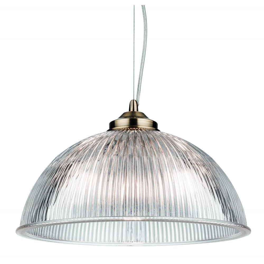 Antique Brass Pendant Light with Clear Ribbed Glass Shade