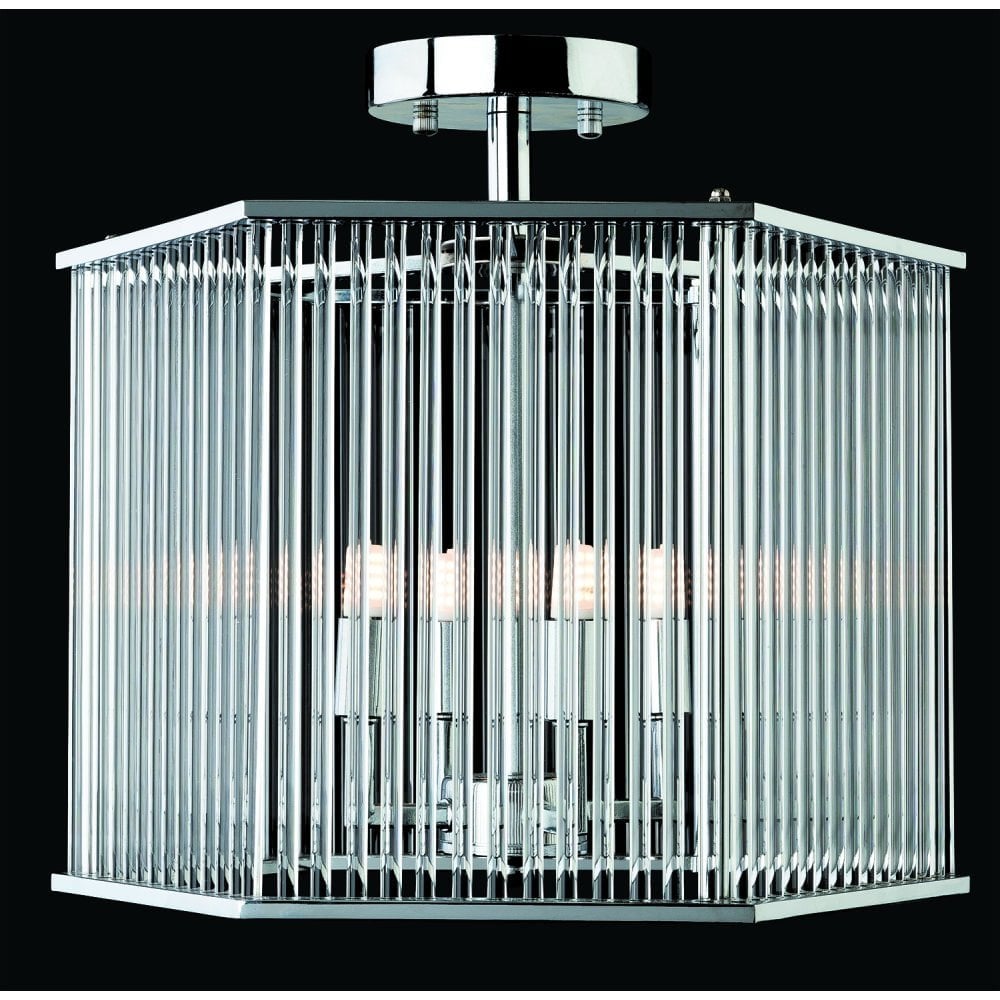 Chrome Hexagonal Flush Mount with Clear Glass Rods