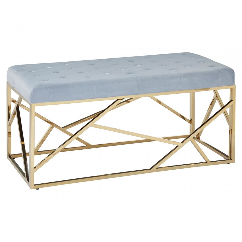 Matayo Grey Velvet / Gold Finish Frame Bench Blue