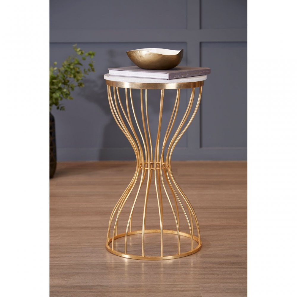 Hamish White Marble Pinched Base Iron Table Gold