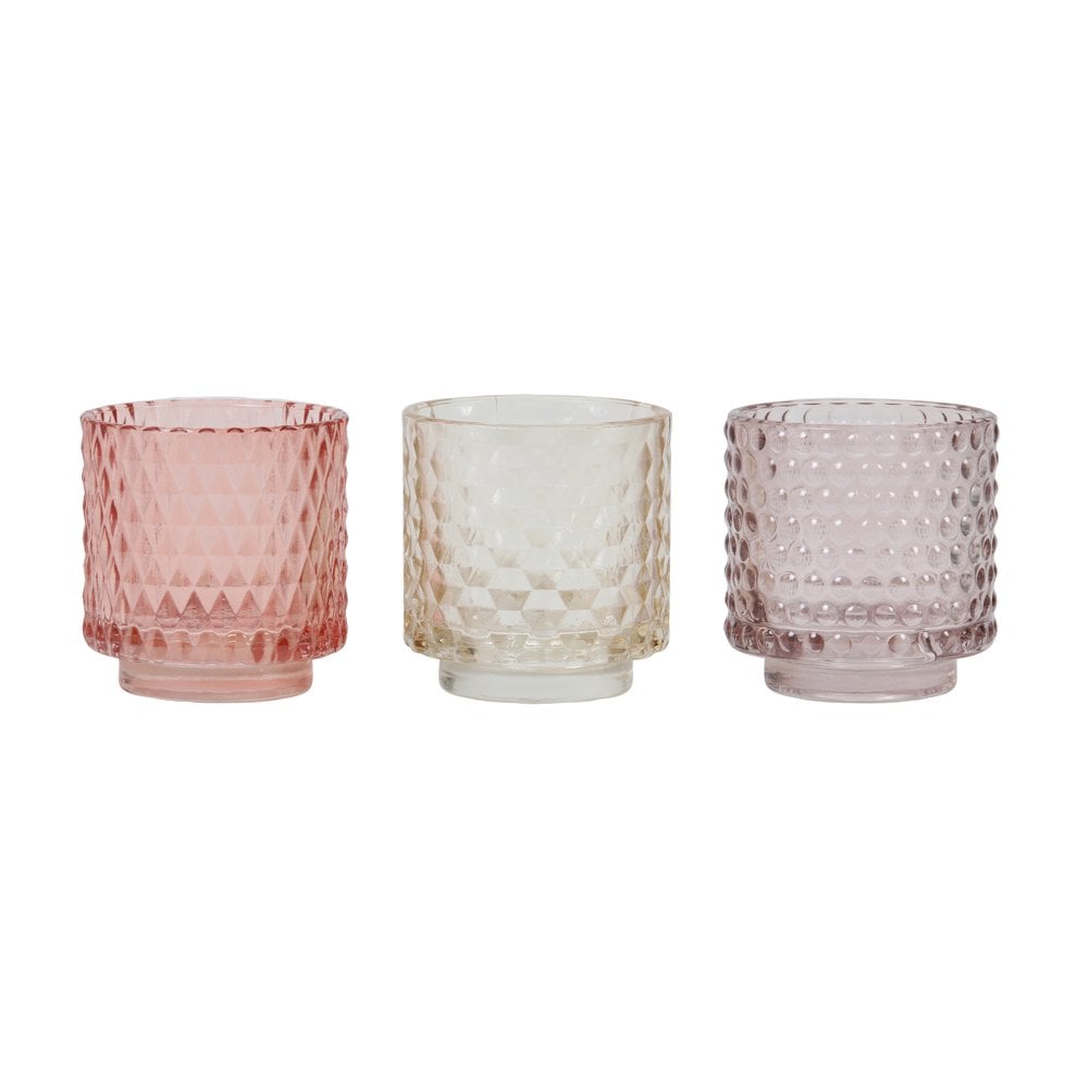 Trio of Round Glass Tealight Holders - Coral, Old Pink, Light Amber