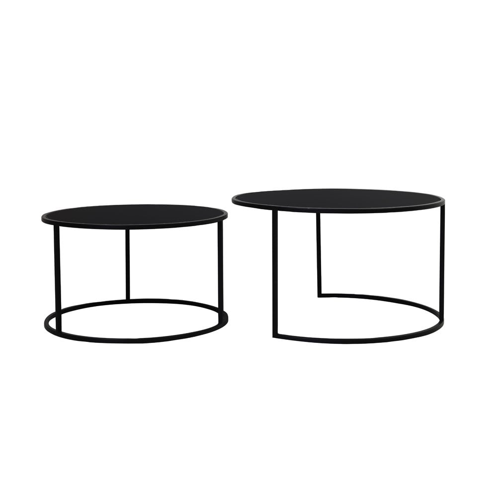 Round Black Glass & Metal Coffee Table Set - Duarte Collection (65x39 & 75x44cm)