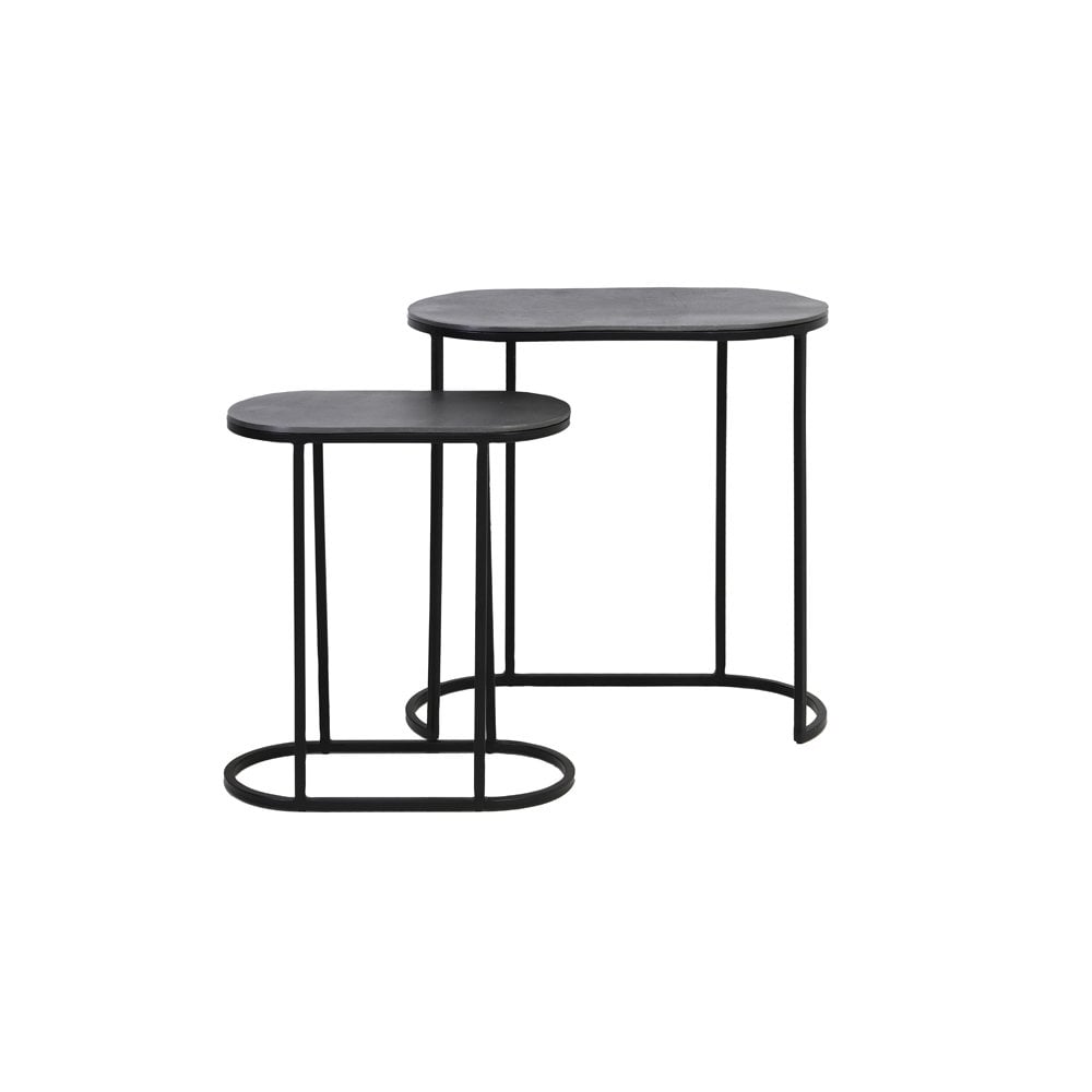 Vintage-Inspired Bocov Side Table Set - Antique Lead and Black Finish, Oval Shape 53x26x53cm