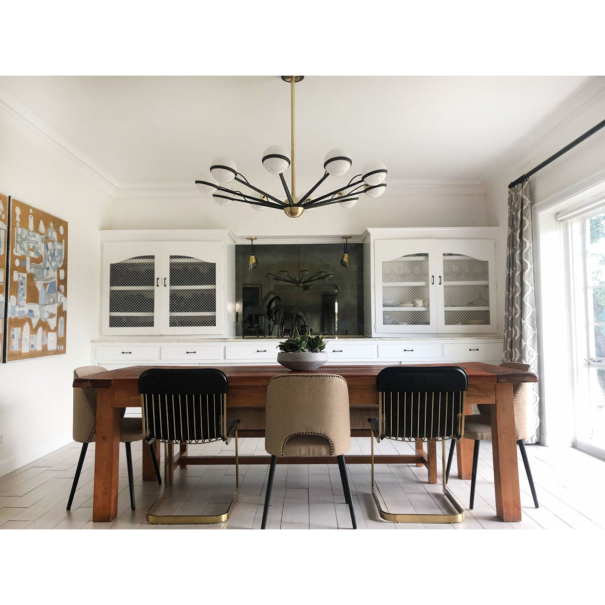 Brushed Brass Orbital Globe Chandelier with Glass Diffusers