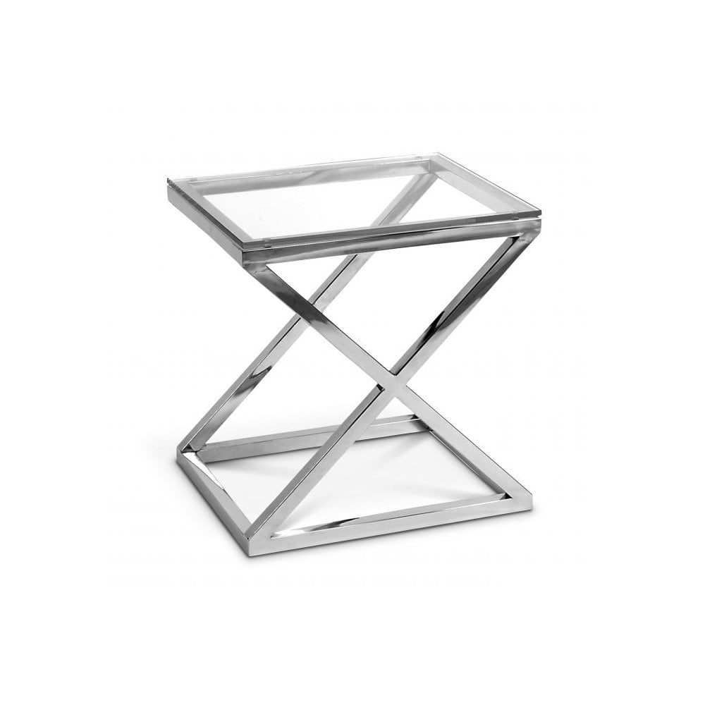 Chic Criss Cross Side Table, Polished Steel and Clear Glass