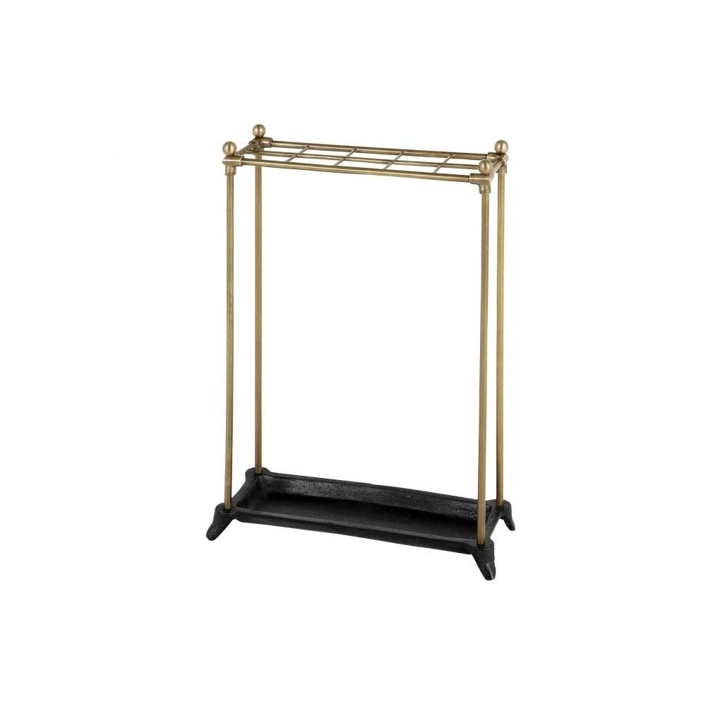 Antique Brass Walking Stick and Umbrella Stand with Black Cast Iron Drip Tray