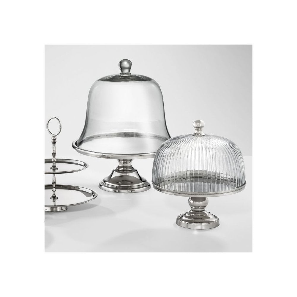 Glamorous Giorgio Cake Stand with Nickel Base and Ribbed Glass Dome