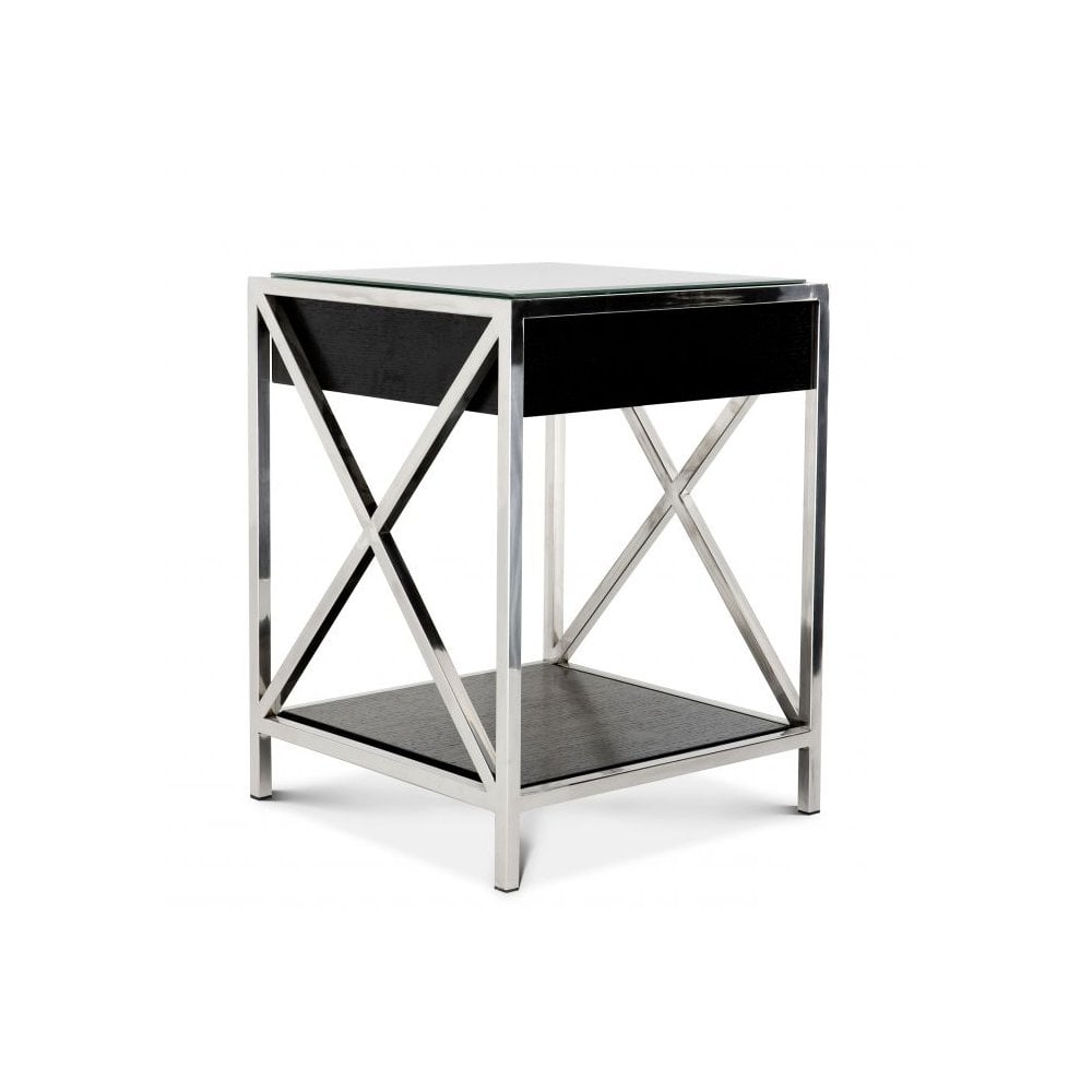 Hollywood Glamour Bedside Table in Polished Steel and Oak