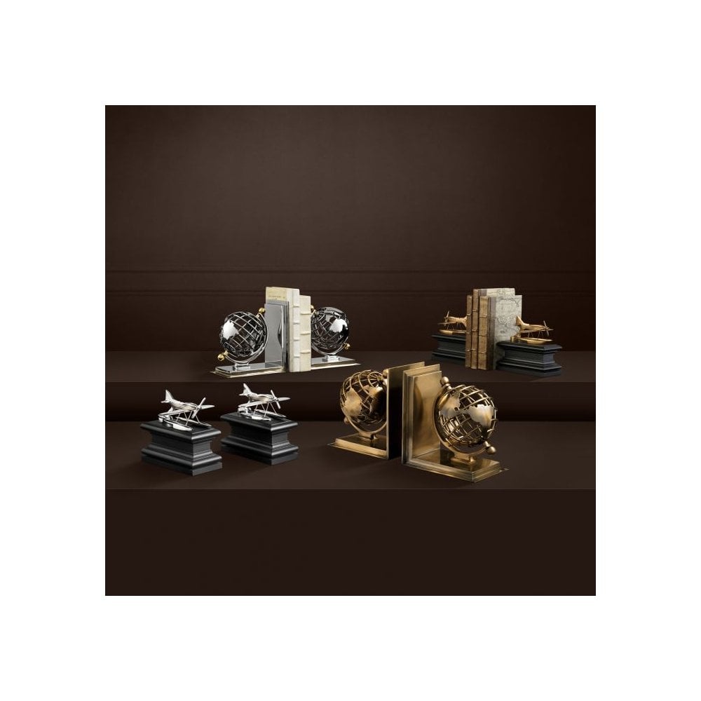 Vintage Globe Bookend Pair with Nickel and Brass Finish