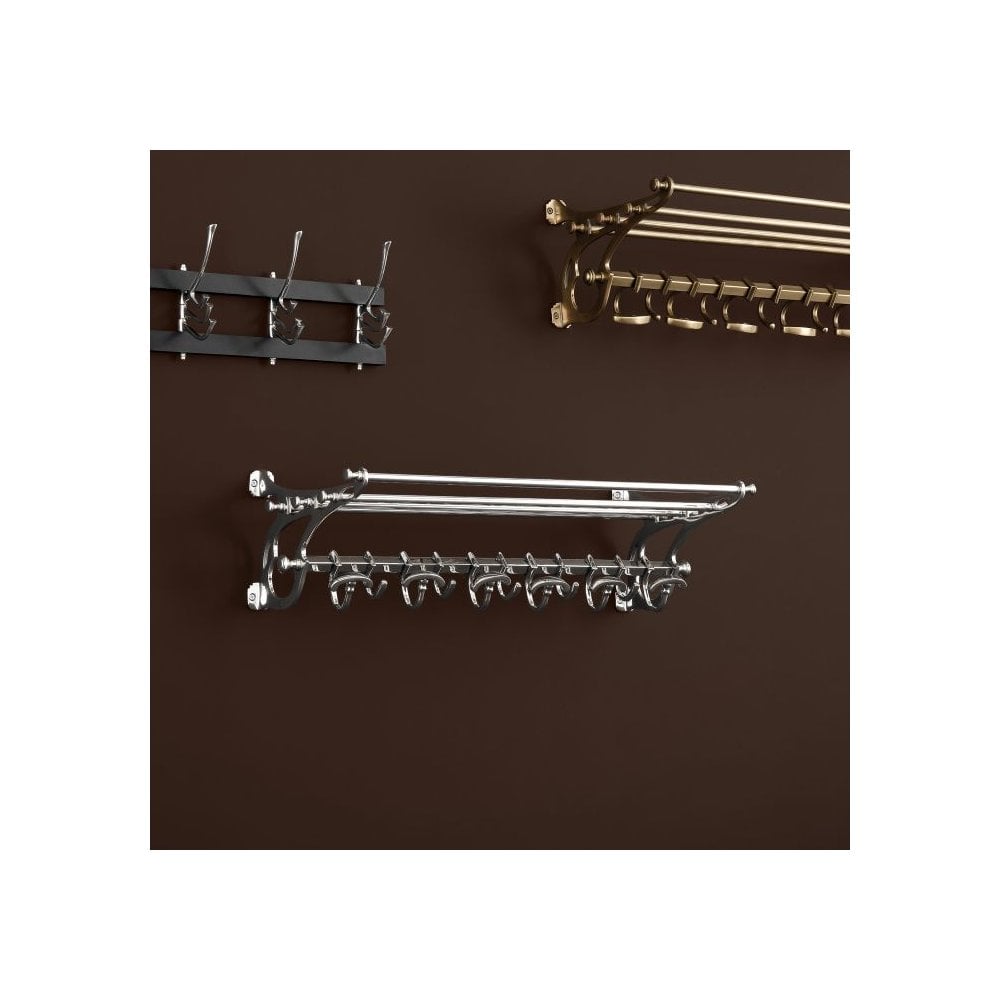 Hudson S Satin Nickel Wall-Mounted Coat Rack with Shelf and 13 Hooks