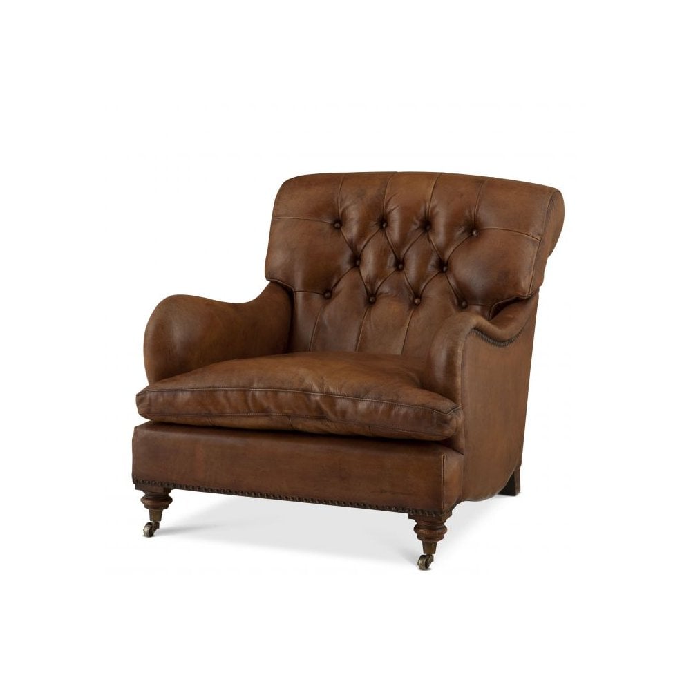 Caledonian Leather Club Chair with Brown Legs and Antique Brass Detailing