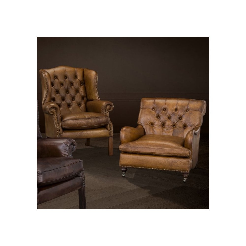 Caledonian Leather Club Chair with Brown Legs and Antique Brass Detailing