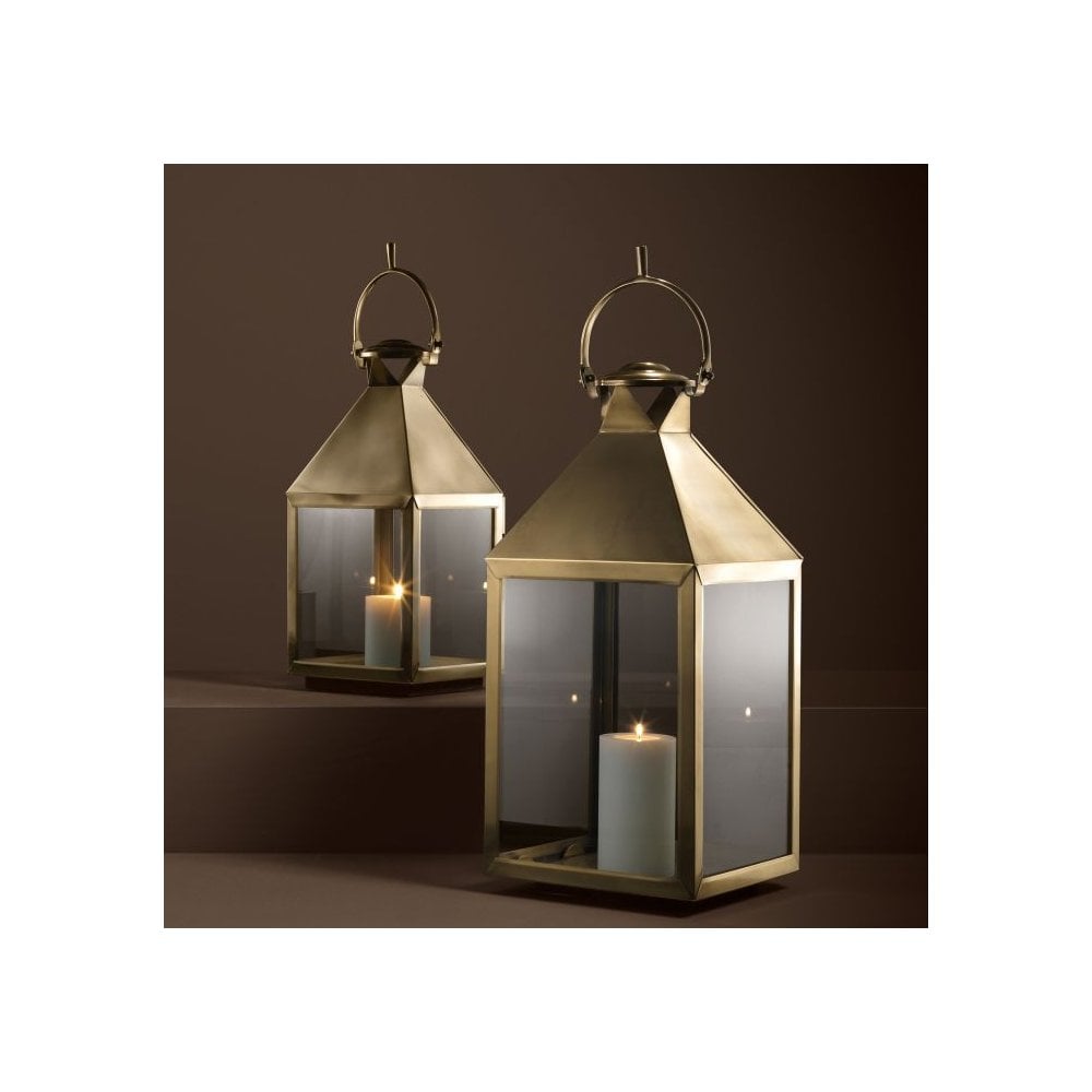 Antique Brass Hurricane Lantern with Clear Glass Panels