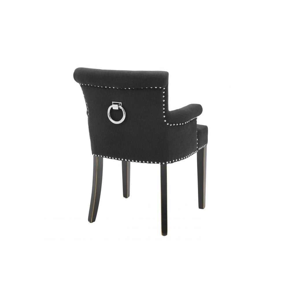 Elegant Key Largo Dining Chair with Arms - Black Cashmere Upholstery and Nickel Accents