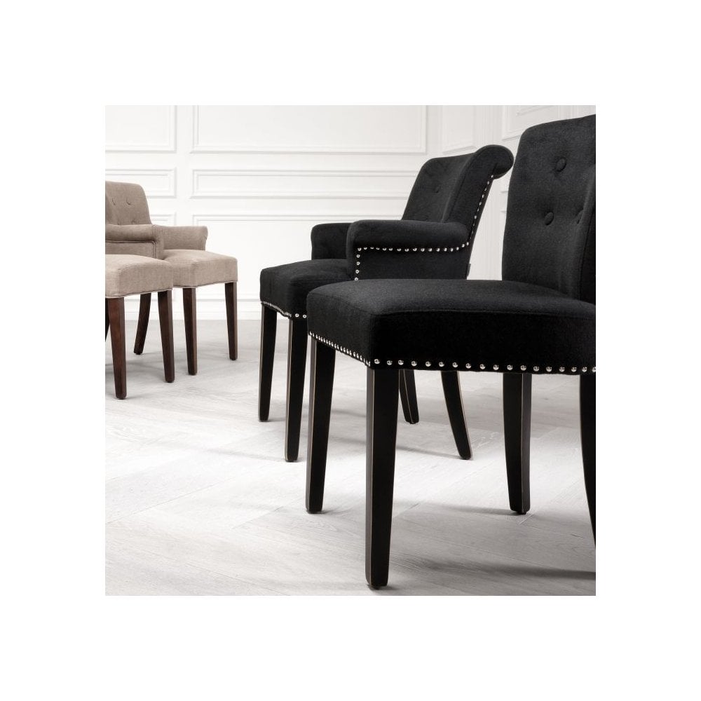 Elegant Key Largo Dining Chair with Arms - Black Cashmere Upholstery and Nickel Accents