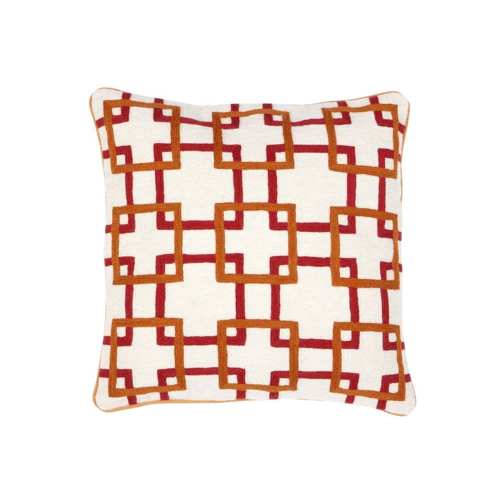 Bradbury Hand-Embroidered Pillow in Off-White, Orange, and Red