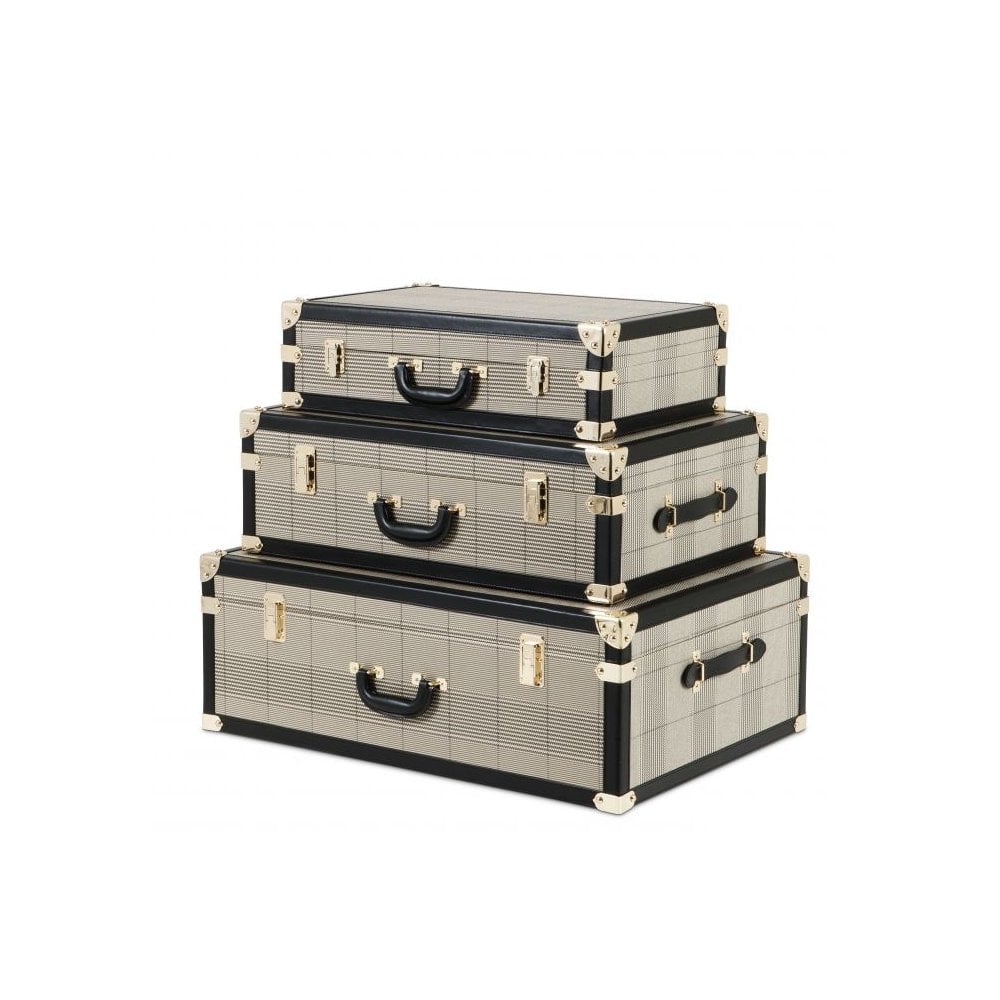 Vintage Checkered Brown Trunk Set with Brass Accents (Set of 3)