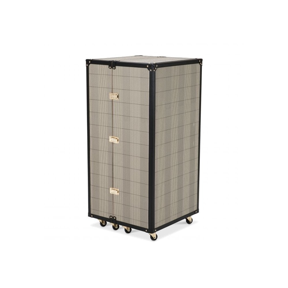 Elegant Campaign-Inspired Wine Cabinet in Bianco Check with Brass Accents