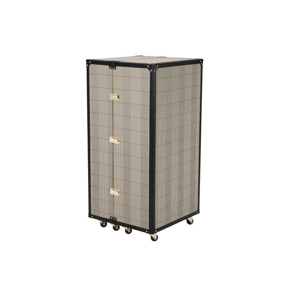 Elegant Campaign-Inspired Wine Cabinet in Bianco Check with Brass Accents