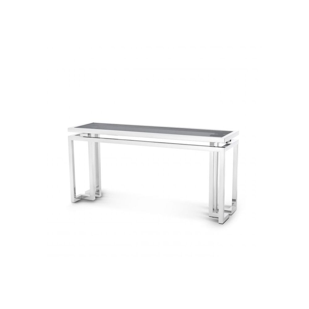 Palmer Art Deco Console Table in Polished Stainless Steel with Smoke Glass Top