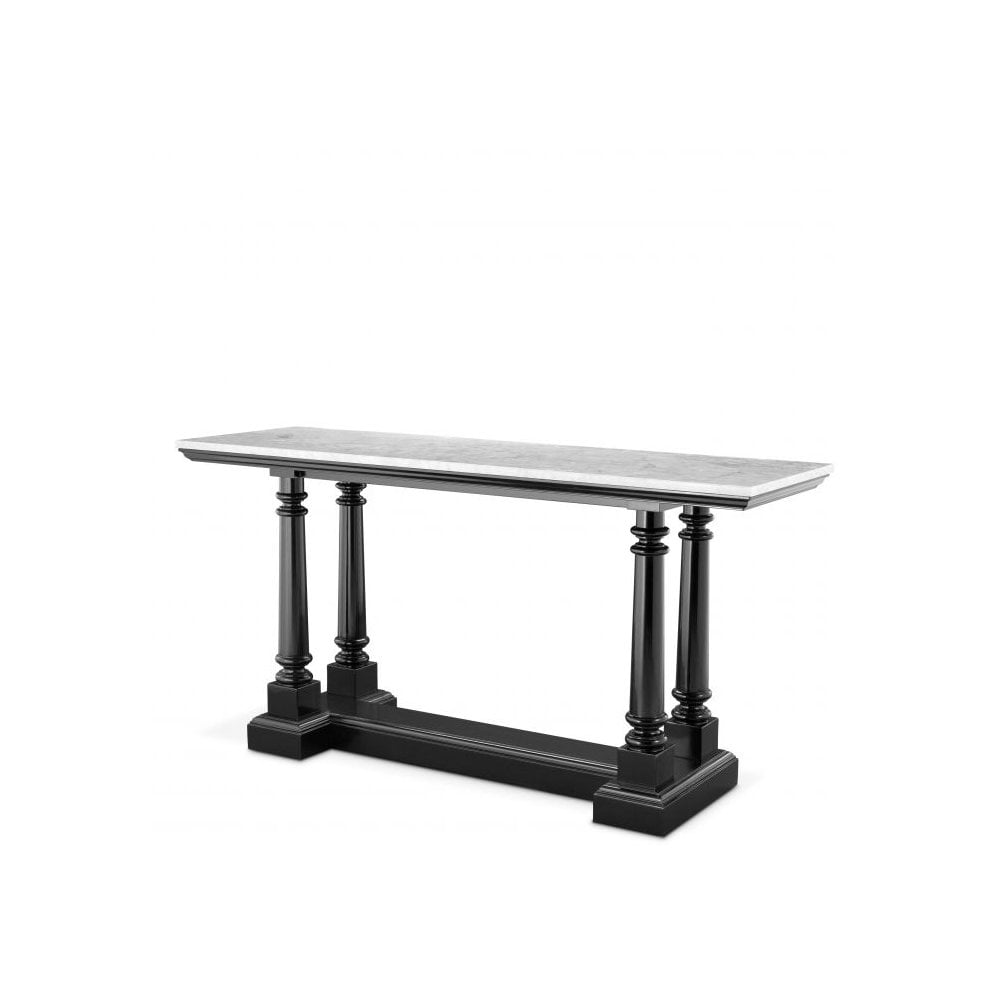 Walford Console Table: Ornamental Waxed Black Base with Elegant White Marble Top